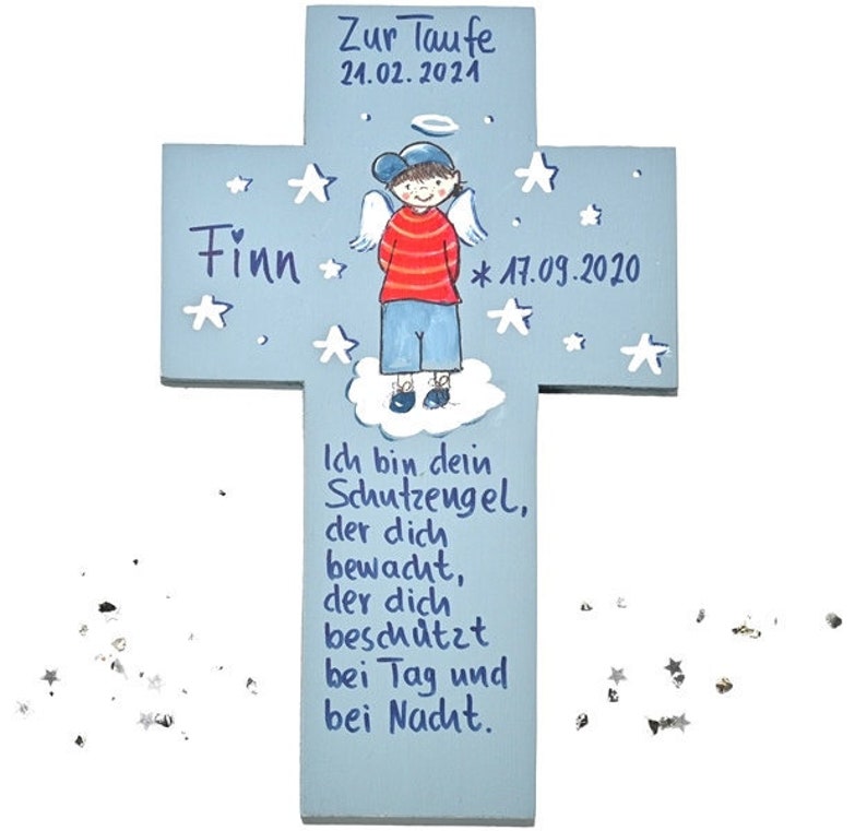 Schutzengelkreuz Taufgeschenk Jungen Holzkreuz Taufkreuz Kinderkreuz Holzkreuz Taufgeschenk Patengeschenk bemalter Kinderkreuz image 1