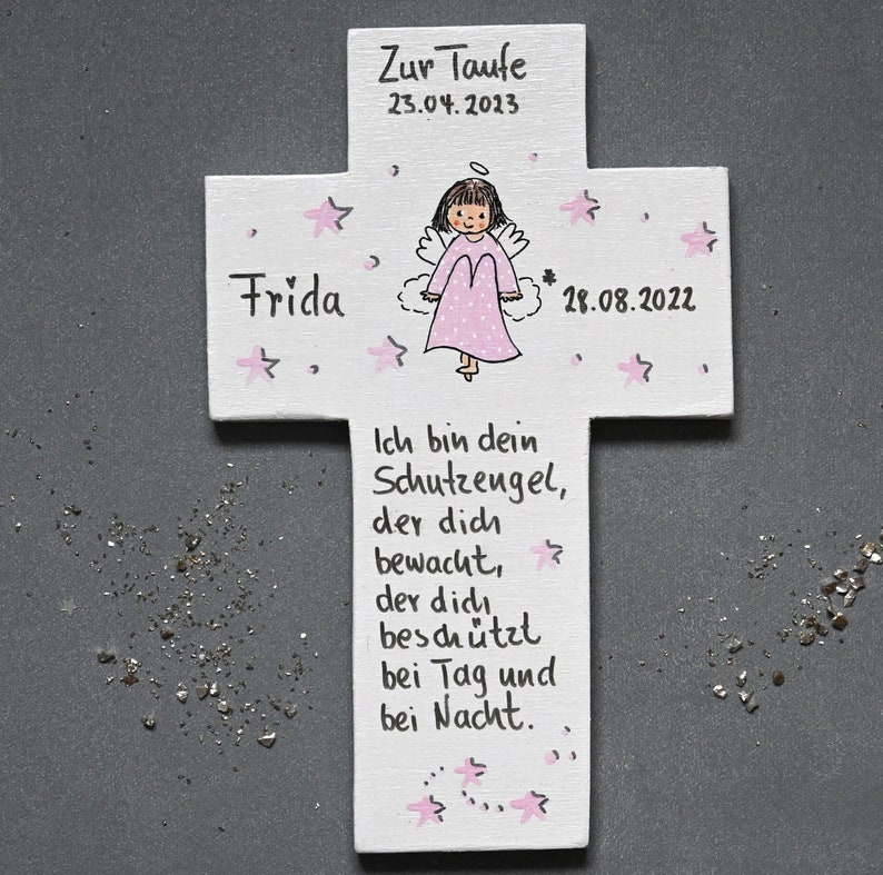 Taufkreuz Taufgeschenk Mädchen Geburt Kinderkreuz Schutzengel Schutzengelkreuz Holzkreuz Taufgeschenk bemaltes Kinderkreuz Taufe Bild 6