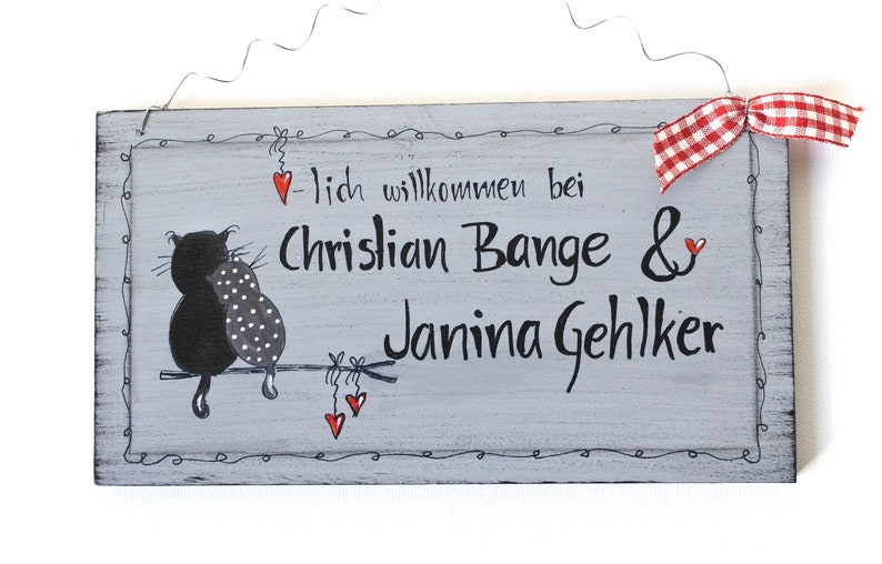 Hochzeitsgeschenk personalisiert Türschild verliebtes Katzenpärchen Namensschild shabby schilder shabby chic Katzen Bild 2