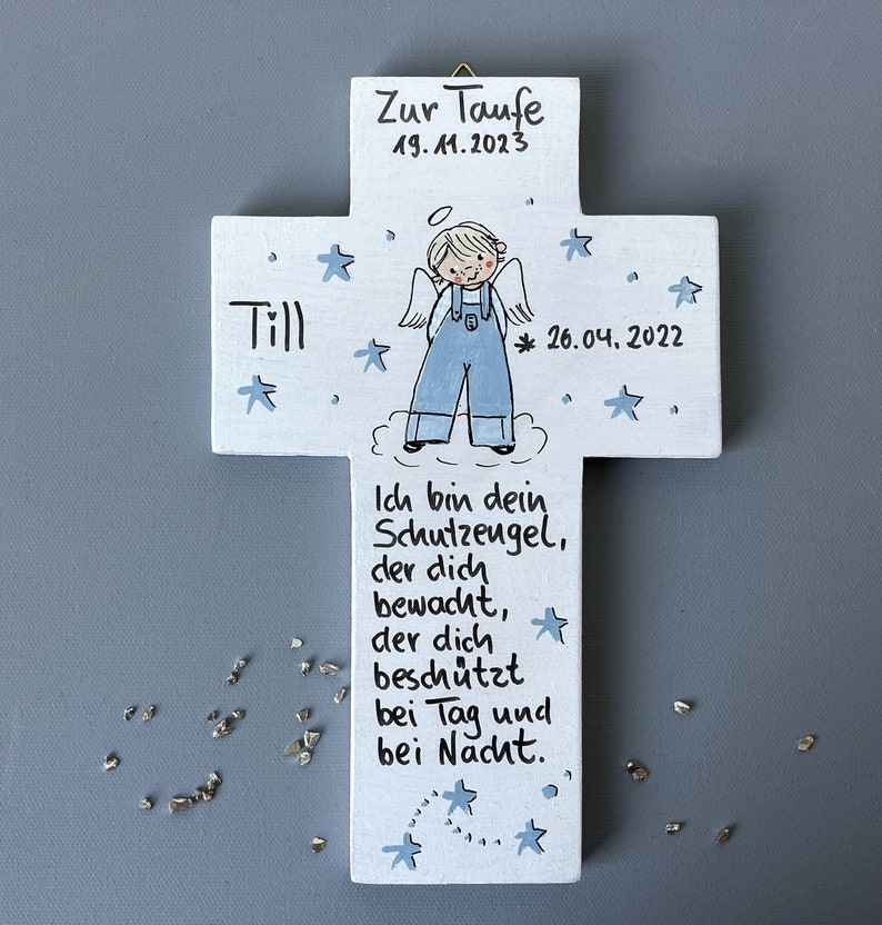 Taufkreuz Taufgeschenk personalisiert Kinderkreuz Jungs Holzkreuz Taufgeschenk Patengeschenk bemaltes Kinderkreuz Bild 2