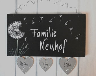 Türschild Familie personalisiert/ Türschild mit Pusteblume/ Türschild mit Herzanhänger/ Farbe schiefer/ Geschenk zum Einzug