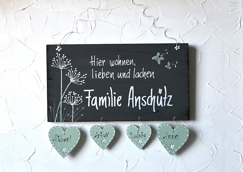 Türschild Familie personalisiert Familienschild Pusteblume Haustür Türschilder mit Herzanhänger Familienschild modern Hochzeitsgeschenk image 3