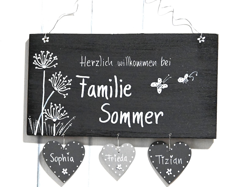 Türschild Familie personalisiert Familienschild Pusteblume Haustür Türschilder mit Herzanhänger Familienschild modern Hochzeitsgeschenk image 2