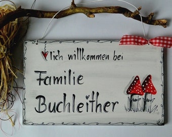 Shabby Türschild mit Fliegenpilze/ shabby- chic Schilder/ Hochzeitsgeschenk/ zum Einzug/Glückspilze