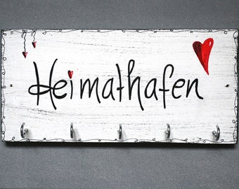 Schlüsselbrett/ Heimathafen/ Farbe nach Wahl/ shabby/ Herz/ Hakenleiste