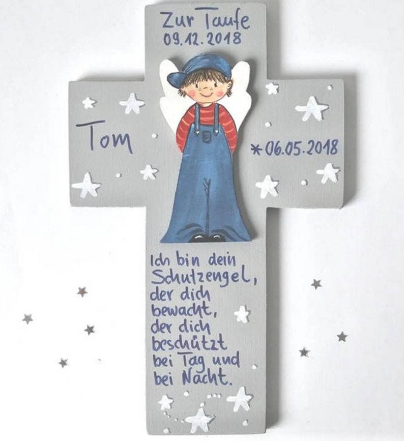 Taufkreuz Jungen/3D Holzkreuz/ Schutzengelkreuz/ Taufgeschenk/Kreuz/ Holzkreuz/ Patengeschenk bemaltes Kinderkreuz image 3