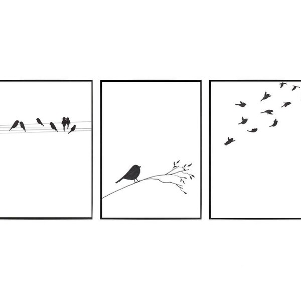 Vögel /Hochwertiger Kunstdruck 3-tlg/schwarz weiß Bilder/Galereriewand/minimalistisch/moderne Wandkunst/