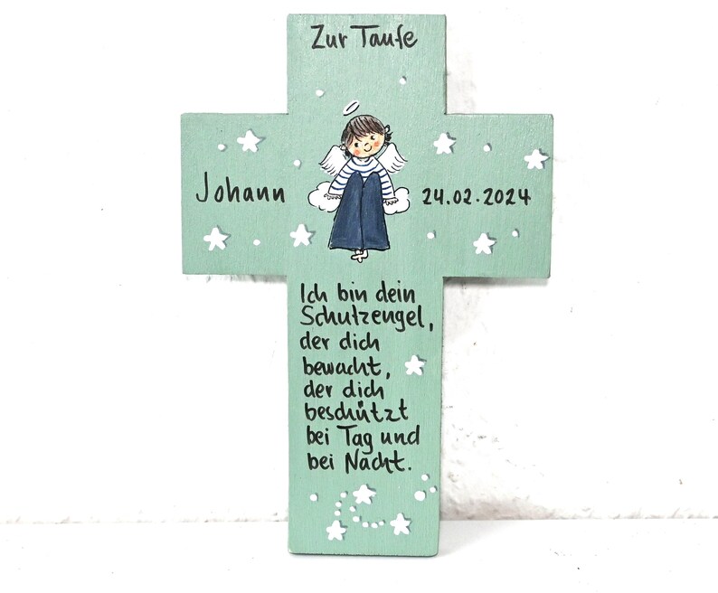 Taufkreuz Taufgeschenk Kinderkreuz personalisiertTaufgeschenk Jungen Schutzengelkreuz Taufe Holzkreuz Taufgeschenk bemaltes Kinderkreuz Bild 3