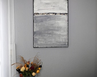 Malerei abstrakt Acrylbild mit Blattgold Struktur Acrylbild grau weiß Kunst Leinwandbild Acrylbild abstrakt  moderne Malerei Horizont