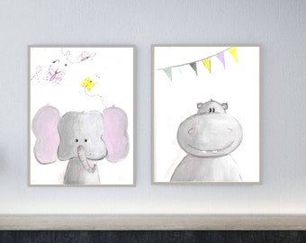 Kinderzimmerbilder 2er Set/ Qualitätsdruck DIN A4/Babyzimmer/Dschungeltiere/Bilder für Mädchen und Jungen/Nilpferd/ Elefant/Gitta Stadelmann