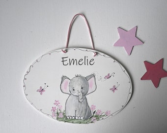 Türschild oval mit Elefant Kinderzimmerschild personalisiert/ Kinderzimmerschild /Holzschild oval/Taufgeschenk/Geburt