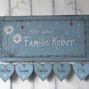 Türschild Familie Pusteblumen Namensschild Hauseinweihung Shabby Türschilder mit Herzanhänger Familientürschild Namensschild mit Herzen Bild 8