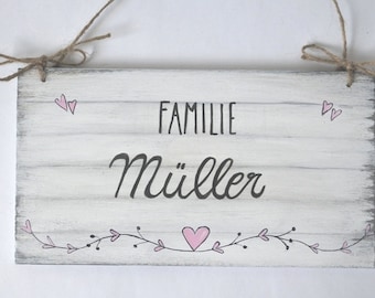 Holzschild personalisiertes Türschild  Hochzeitsgeschenk Familienschild Shabbyschild Herzen