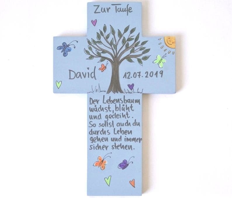 Kinderkreuz mit Spruch Holzkreuz Kreuz Motiv Lebensbaum blau Taufe Kommunuin 