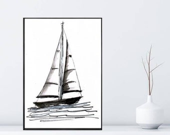Segelboot/Tuschezeichnung/Hochwertiger Kunstdruck Din A4/schwarz weiß Bilder/moderne Wanddeco/Print/moderne Bilder/Galeriewand