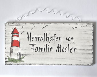 Türschild personalisiert Holz Leuchtturm maritim Shabby Chic Familientürschild Namensschilder  Wohnen Hochzeitsgeschenk zum Einzug  Haustür