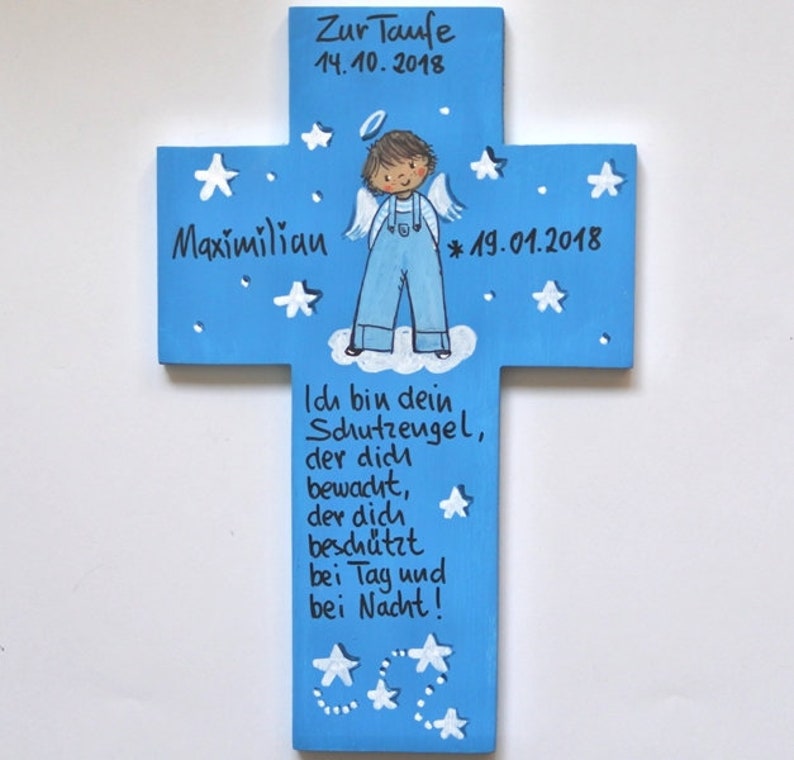 Taufkreuz Taufgeschenk personalisiert Kinderkreuz Jungs Holzkreuz Taufgeschenk Patengeschenk bemaltes Kinderkreuz Bild 4