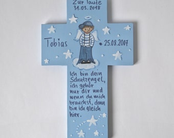 Taufgeschenk für Jungen Kinderkreuz  Schutzengelkreuz Taufkreuz Taufe  Holzkreuz Patengeschenk bemalter Kinderkreuz schutzengeljunge