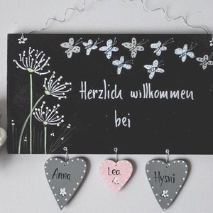 Türschild Pusteblume Türschild personalisiert Schmetterlinge Familienschild Holz Türschilder mit Herzanhänger Herzen Shabby Schild Bild 4