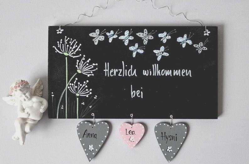 Türschild Pusteblume Türschild personalisiert Schmetterlinge Familienschild Holz Türschilder mit Herzanhänger Herzen Shabby Schild Bild 4