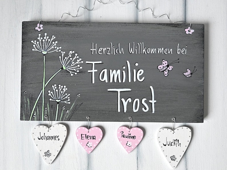 Türschild Familie personalisiert Familienschild Pusteblume Haustür Türschilder mit Herzanhänger Familienschild modern Hochzeitsgeschenk image 6