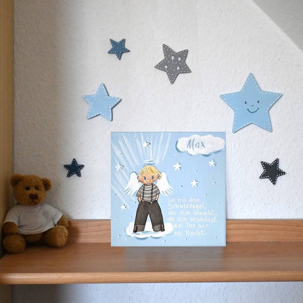 Schutzengelbild für Kinder/Taufgeschenk Jungen zur Geburt/Malerei Engel/ Engeljunge  zur Taufe/Taufegeschenk/Engelbild/Geburt