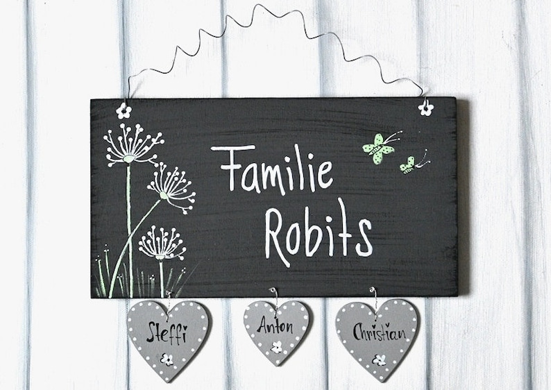 Türschild Familie personalisiert Familienschild Pusteblume Haustür Türschilder mit Herzanhänger Familienschild modern Hochzeitsgeschenk image 1