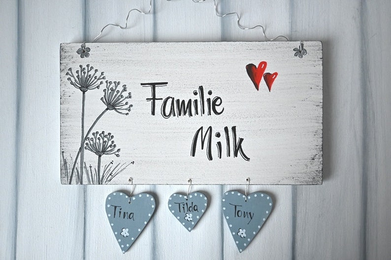 Türschild Familie personalisiert Familienschild Pusteblume Haustür Türschilder mit Herzanhänger Familienschild modern Hochzeitsgeschenk Bild 3