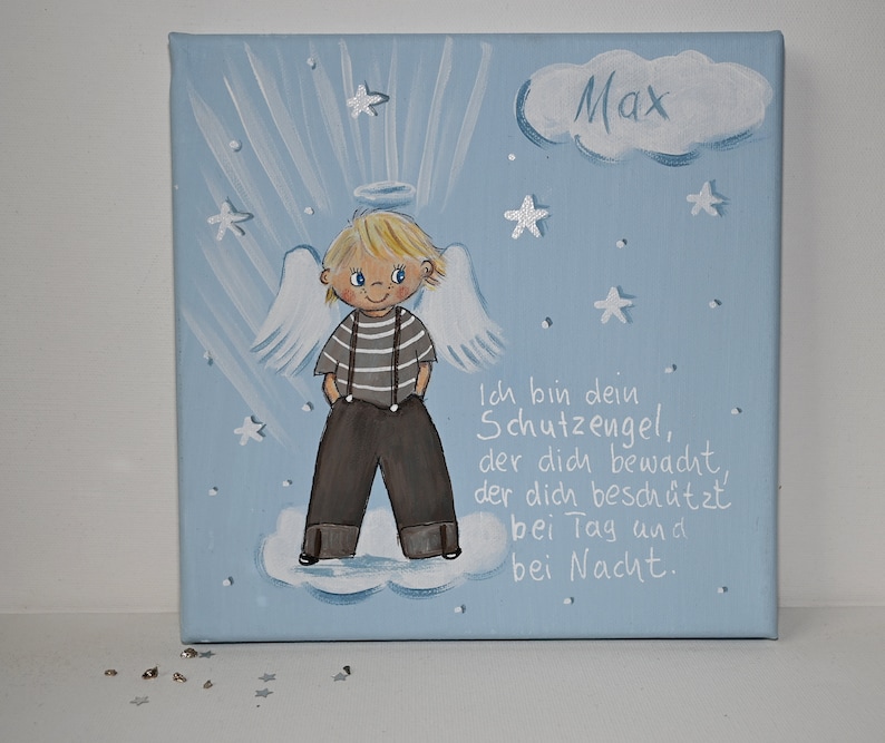 Schutzengelbild für Kinder/Taufgeschenk Jungen zur Geburt/Malerei Engel/ Engeljunge zur Taufe/Taufegeschenk/Engelbild/Geburt image 4