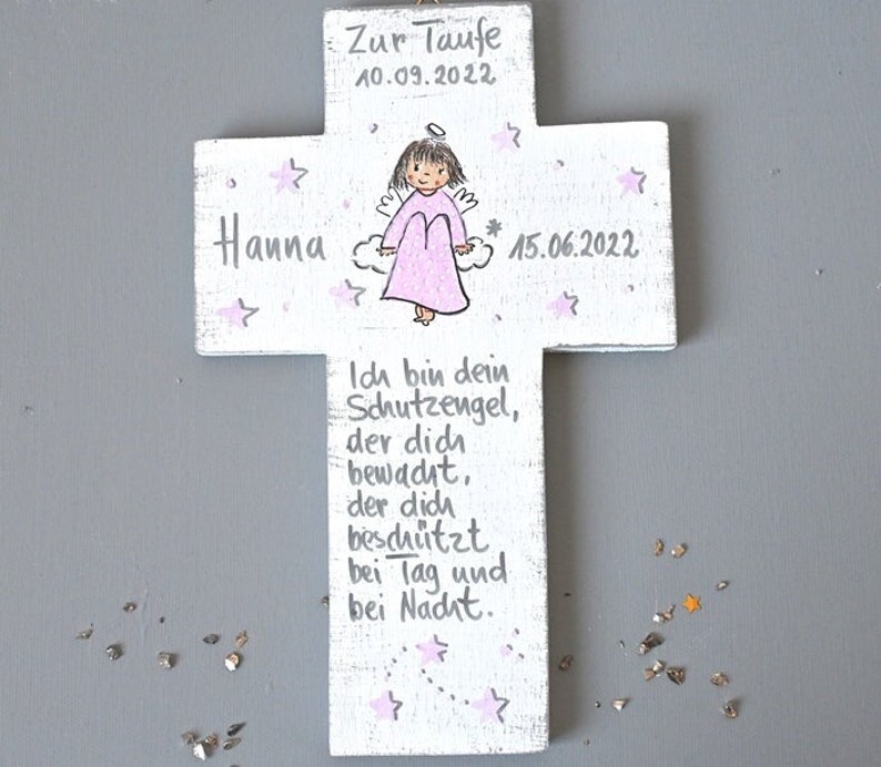 Taufkreuz Taufgeschenk Mädchen Geburt Kinderkreuz Schutzengel Schutzengelkreuz Holzkreuz Taufgeschenk bemaltes Kinderkreuz Taufe immagine 1