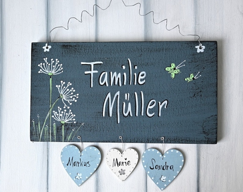 Türschild Familie personalisiert Familienschild Pusteblume Haustür Türschilder mit Herzanhänger Familienschild modern Hochzeitsgeschenk Bild 4