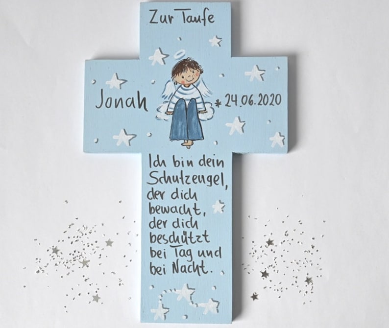 Taufkreuz Taufgeschenk Kinderkreuz personalisiertTaufgeschenk Jungen Schutzengelkreuz Taufe Holzkreuz Taufgeschenk bemaltes Kinderkreuz Bild 1