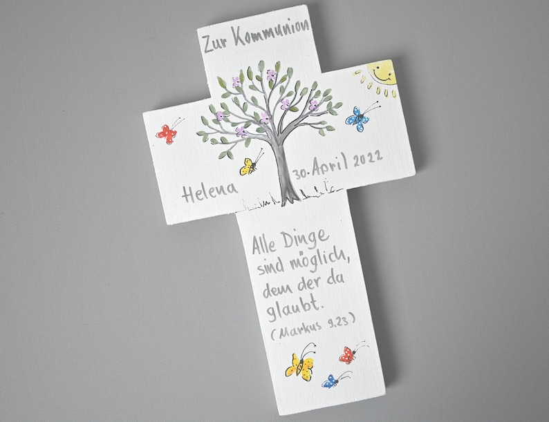 Taufkreuz Lebensbaum, Kommunion,Taufgeschenk Mädchen, Geburt, Taufe, Holzkreuz, Taufgeschenk, Patengeschenk,bemalter Kinderkreuz Bild 3