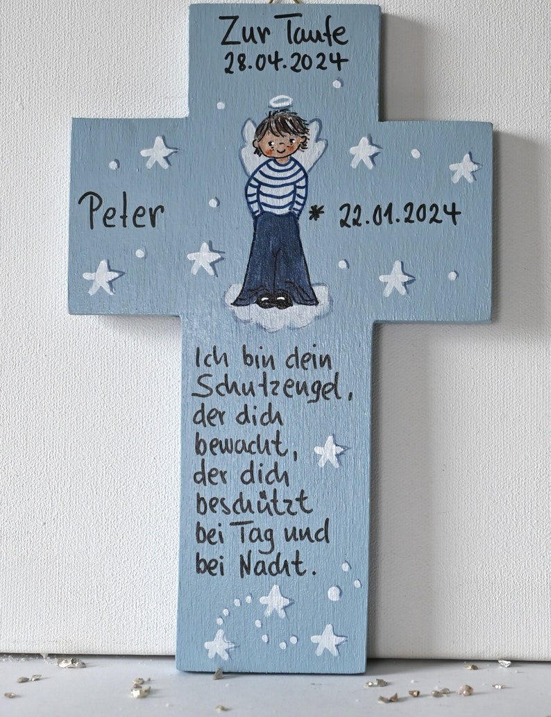 Taufkreuz Holz Taufgeschenk für Jungen Kinderkreuz Schutzengelkreuz Kreuz Holzkreuz Taufgeschenk Patengeschenk bemaltes Kinderkreuz Bild 3