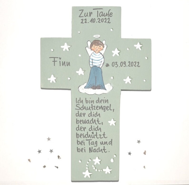 Taufkreuz Holz Taufgeschenk für Jungen Kinderkreuz Schutzengelkreuz Kreuz Holzkreuz Taufgeschenk Patengeschenk bemaltes Kinderkreuz Bild 2