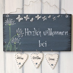 Türschild Pusteblume Türschild personalisiert Schmetterlinge Familienschild Holz Türschilder mit Herzanhänger Herzen Shabby Schild imagem 3