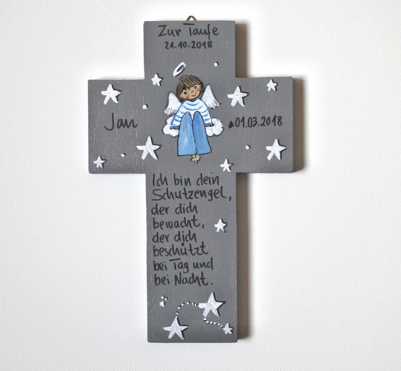 Taufkreuz Taufgeschenk Kinderkreuz personalisiertTaufgeschenk Jungen Schutzengelkreuz Taufe Holzkreuz Taufgeschenk bemaltes Kinderkreuz Bild 4