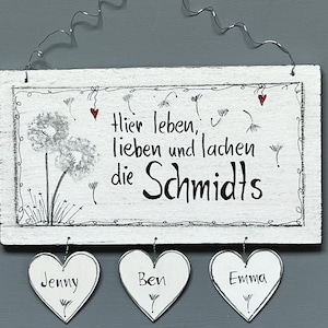 Türschild Familie Pusteblumen Namensschild Hauseinweihung Shabby Türschilder mit Herzanhänger Familientürschild Namensschild mit Herzen Bild 1