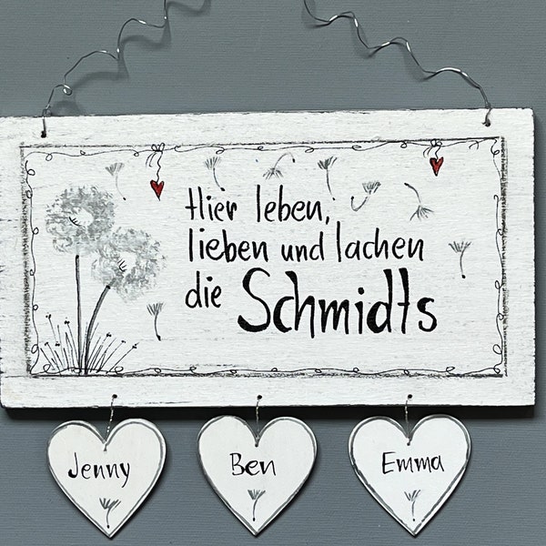 Türschild Familie /Pusteblumen/Namensschild/Hauseinweihung/ Shabby Türschilder mit Herzanhänger/ Familientürschild/ Namensschild mit Herzen