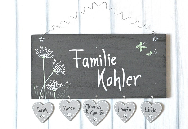 Türschild Familie personalisiert Familienschild Pusteblume Haustür Türschilder mit Herzanhänger Familienschild modern Hochzeitsgeschenk Bild 7