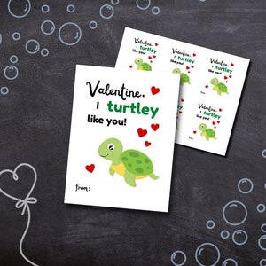 May include: Valentine's Day cards with a turtle illustration. The cards read "Valentine, I turtley like you!" with a green turtle and red hearts. Additional cards with the same design are visible.