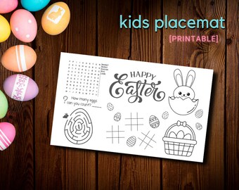 Easter Kids Placements Printable | Kids Placemat Printable | Kids Easter Activity Placemat Worksheet | Easter Brunch Dinner Party