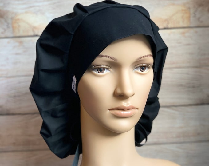Black Bouffant Cap with Ribbon Ties~Scrub Caps for Women ~Scrub Hats