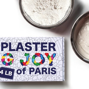 Könnte beinhalten: Eine Schachtel mit "PLASTER JOY of PARIS" mit floralem Design, neben zwei Metallschalen. Eine Schale enthält ein weißes Pulver, die andere eine hellgraue Paste. Die Schachtel hat ein Etikett mit der Aufschrift "4 LB".