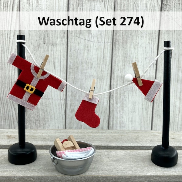 Miniatur Wäscheleine mit Wichtelwäsche (Set 274) • Mini Wäscheständer • Wichtel Wäscheleine • Wichtel Zubehör • Wäschetag •  Waschtag