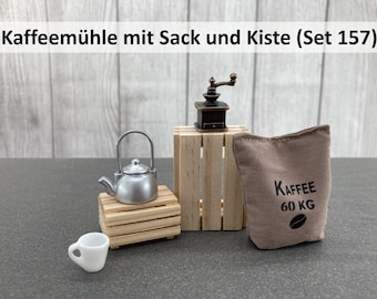 Mini coffee grinder with bag and box (Set 157) • Coffee accessories • Mini wooden boxes • Gnome accessories • Gnome houses • Fairy accessories • Coffee
