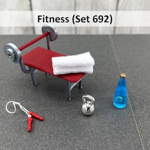 Könnte beinhalten: Miniatur-Fitness-Set mit roter Hantelbank, Langhantel, weißem Handtuch, blauer Wasserflasche, silberner Kettlebell und Springseil mit roten Griffen. Der Text "Fitness (Set 692)" steht oben.