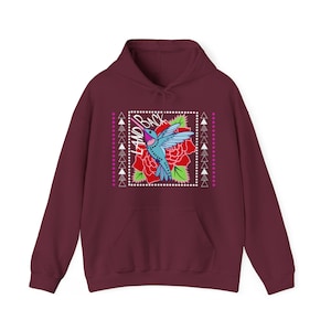 Land Back Hummingbird volwassenen unisex hoodie van zware stof; inheemse kunst; winkel in handen van inheemse ondernemers