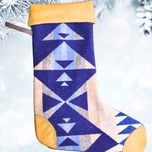 XL Wool Christmas stocking; handmade; Native Made; Upcycled from a Pendleton blanket; blue Christmas stocking;