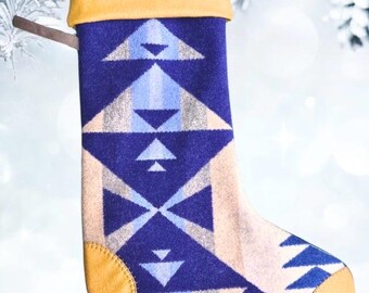 XL Wool Christmas stocking; handmade; Native Made; Upcycled from a Pendleton blanket; blue Christmas stocking;